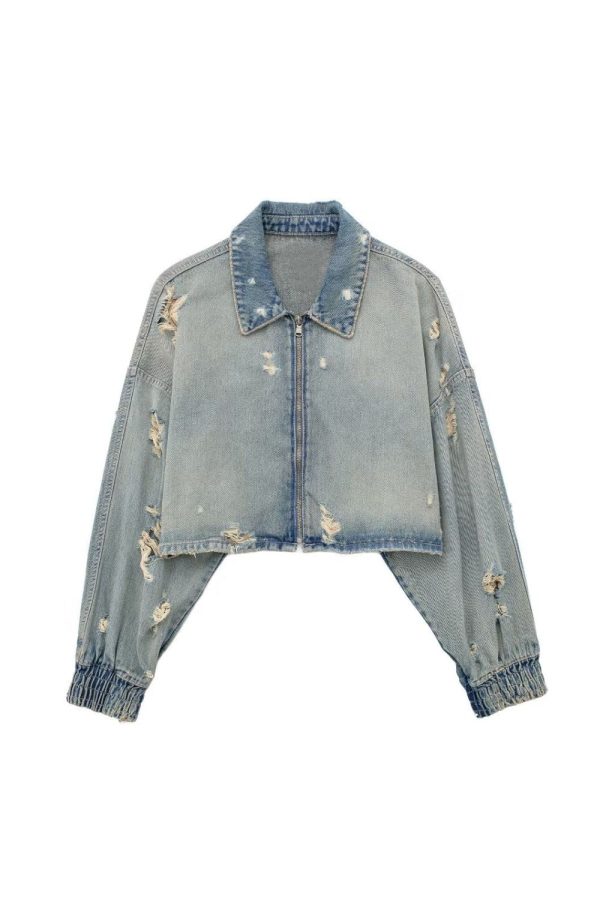 ‘Avery’Ripped Denim Decorated Short Jacket Coat Online