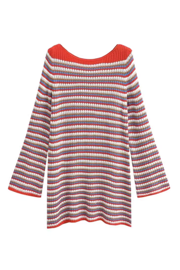 Hannah  Bell Sleeves Stripe Knitted Long Sweater Cheap