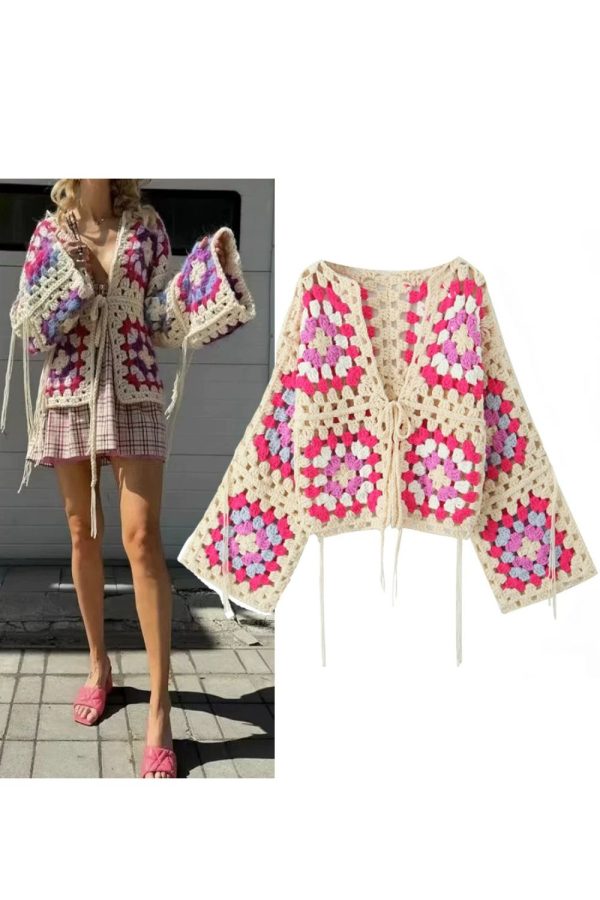 Rose  Granny Square Knit Cardigan on Sale