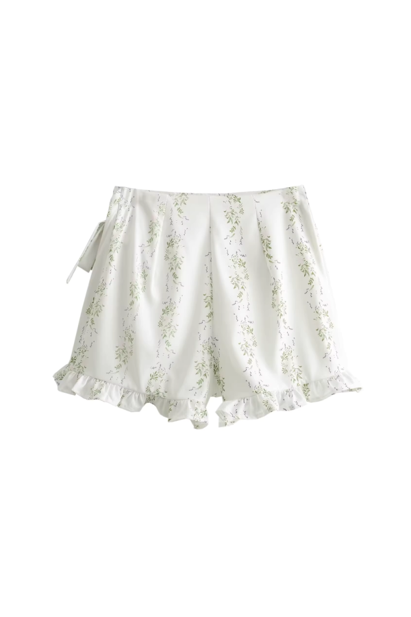 Olive  Ruffled Printed Wrap Shorts Discount